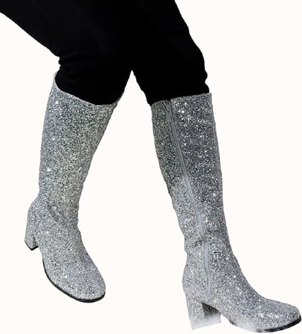 Women Fancy Dress Party GOGO Glittery Boots 1960s 1970s Retro Glitter Dancer Costume Heels Shoes Boots