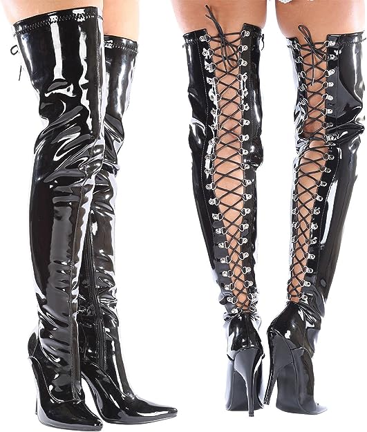 Women thigh high heel boots, Lace-up kinky fetish over the knee heels, elegant shoes