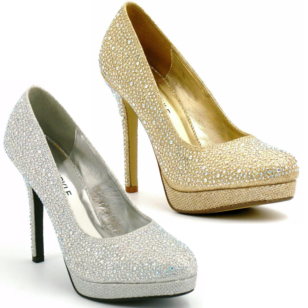 Ladies women high heel diamante court shoes sparkly party bridal wedding shoe