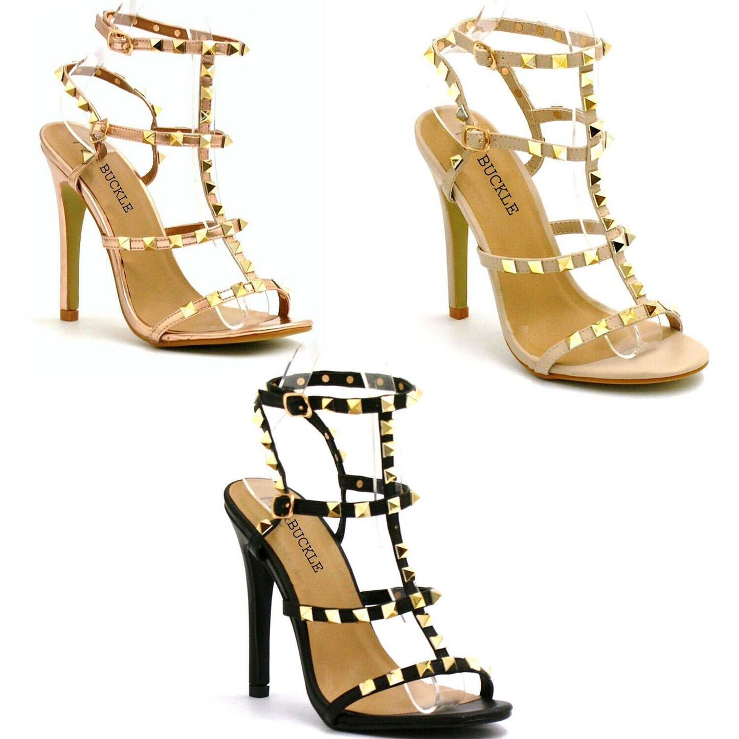 Womens ladies ankle strap studded rivet gladiators block mid heels sandals